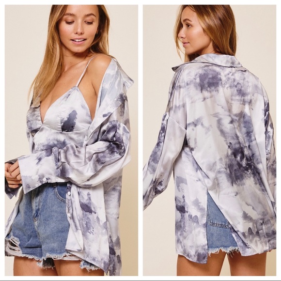 #46 Paige Tie Dye Print Boyfriend Shirt with Matching Crop Top - Picture 7 of 10